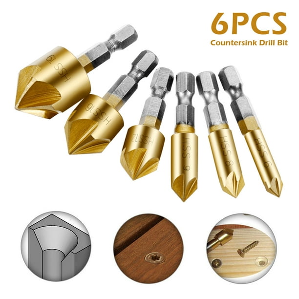 Five Flutes Design Professional 90 Degree 6pcs Countersink Chamfer Tool 6mm-19mm 1/4 Hex Shank Wood for Woodworking Wood Drill Bits 
